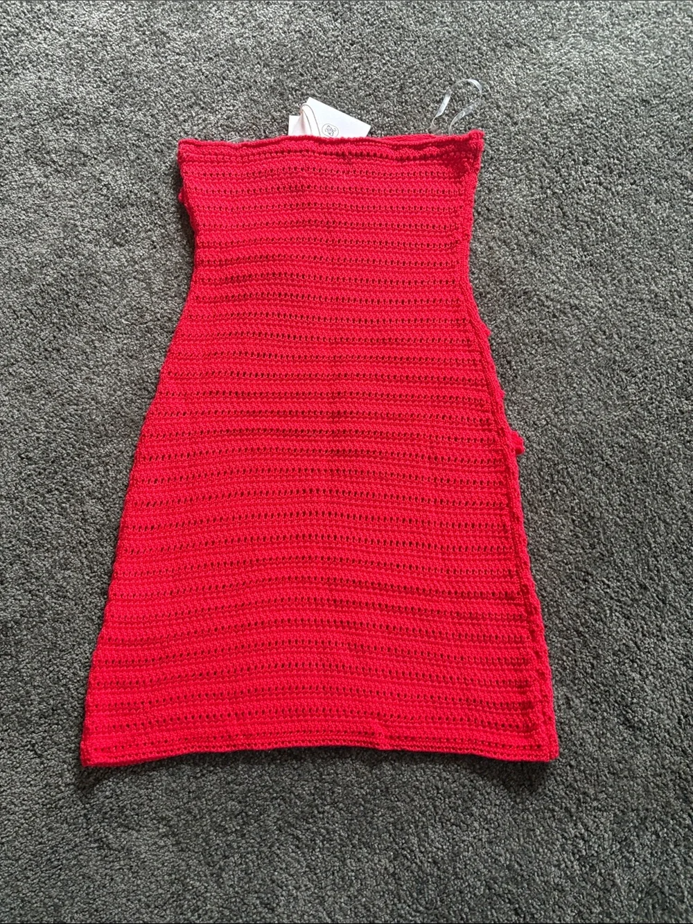 Peppermayo Bright Red Strapless Crochet Mini Dress with Floral Appliqué